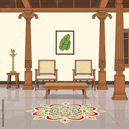 Traditional Kerala style living room interior illustration with ethnic details