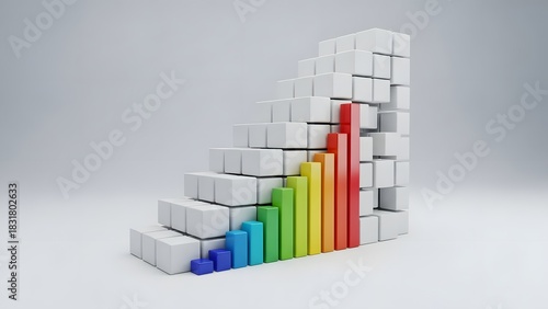 Vibrant 3D Bar Chart with Gradient Colors Rising on White Cube Staircase Illustrating Growth and Progress.
