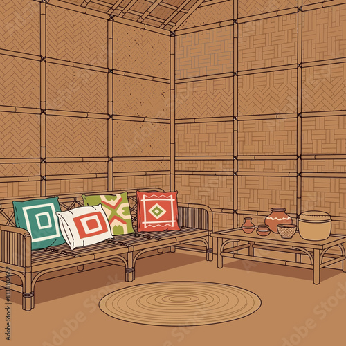 Tranquil bamboo interior space with woven textures and minimalist style art