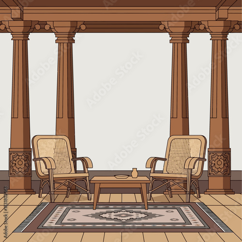 Tranquil outdoor patio with chairs, table, and architectural columns