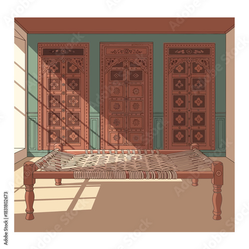 Traditional woven bed against ornamented doors with decorative patterns