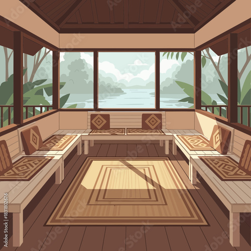 Tranquil river view from a wooden gazebo with seats and decorative cushions