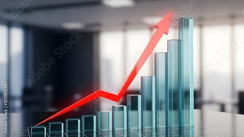 Vibrant 3D Glass Bar Chart with Red Upward Arrow on Grid Symbolizing Financial Growth.