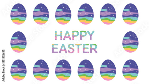 Happy easter greeting with colorful decorative eggs featuring starry night sky patterns and wavy stripes