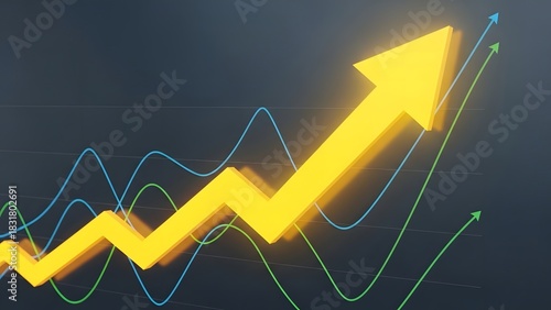 Vibrant 3D Yellow Arrow Ascending on Dark Grid Symbolizing Growth and Positive Trends.