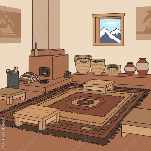 A Warm and Inviting Traditional Room with Hearth, Carpet and Rustic Charm