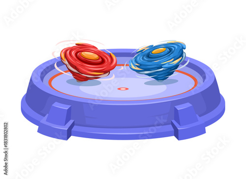 Colorful Spinning Top Battle in Arena. Dynamic Toy Competition Illustration Vector