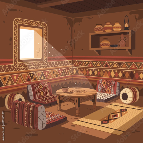 Authentic arabian majlis design with traditional elements and decor, inviting place