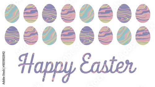 Happy easter greeting with colorful marbled easter eggs arranged in two rows above text