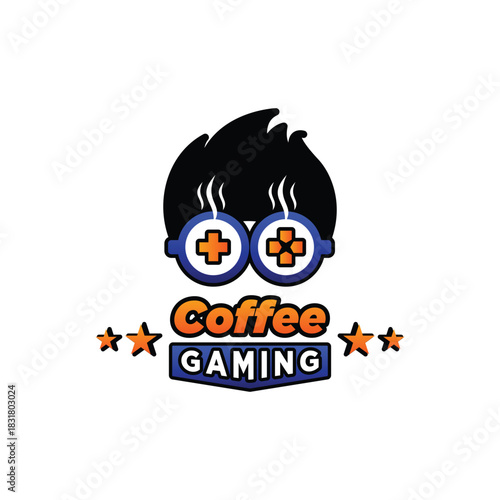 Gaming Coffee Shop Logo Eyeglasses Joystick vector illustration