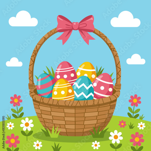 Colorful Easter eggs in basket with flowers and blue sky background  