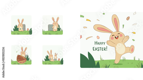 Cute cartoon bunny celebrating easter with eggs basket and confetti in a joyful spring meadow scene