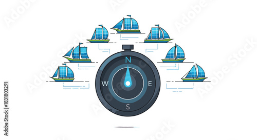 Compass and Sailing Boats Illustrating Navigation and Direction, Generative AI.