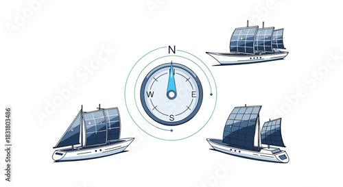 Compass and sailboats illustration for navigation and travel concept, Generative AI.