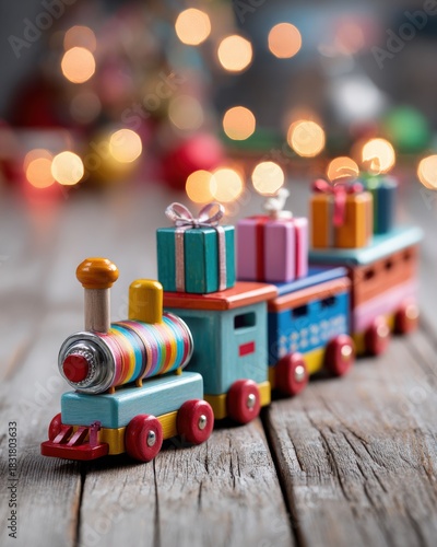A colorful wooden toy train with gift boxes on a wooden surface, surrounded by warm glowing lights.