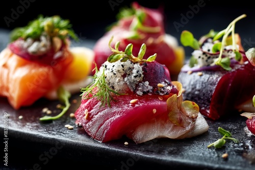 exquisite sashimi on a metal tray while standing against black slate background