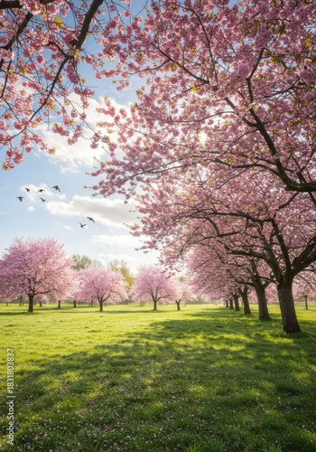 Pink Cherry Blossoms in Full Bloom on a Sunny Spring Day