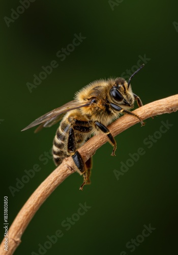 Closeup of Honeybee on Brown Twig Against Green Background