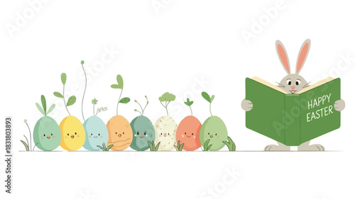 Cute easter bunny reading a book to happy growing eggs with sprouts and plants on white background