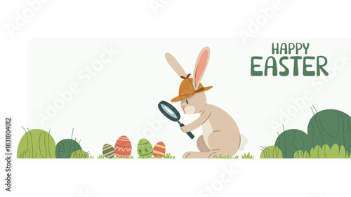 Cute cartoon bunny detective with magnifying glass searching for colorful easter eggs in grassy field