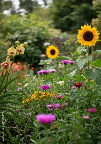 Vibrant Summer Garden with Sunflowers and Orchids