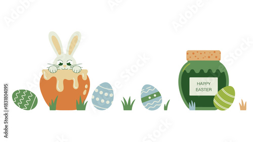 Cute easter bunny peeking out of a honey pot surrounded by decorated eggs and grass
