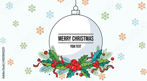 Merry christmas greeting card template with hanging ornament decorated with holly berry and leaf illustration on a with falling snowflake pattern