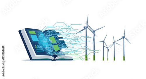 Digital Book and Wind Turbines Representing Renewable Energy Education, Generative AI.
