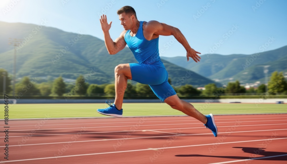 Obraz premium Muscular male athlete in blue sportswear sprinting with powerful motion on a red track during a workout at an outdoor stadium on a sunny day with mountains in the background