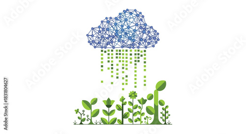 Digital Cloud Raining Data on Growing Plants, Generative AI.