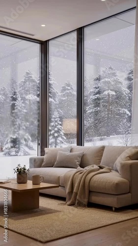 Cozy winter living room luxury mansion couches with blanket and coffee drink on the table snowy winter forest view from the large windows video 