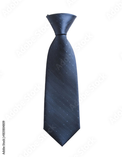 A neatly tied navy blue necktie with a pattern of fine diagonal lines and small white dots, displayed vertically on a bright white surface.