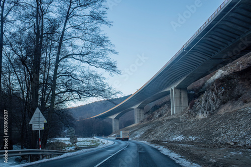 Winter Road Beneath Elevated Highway Bridge
