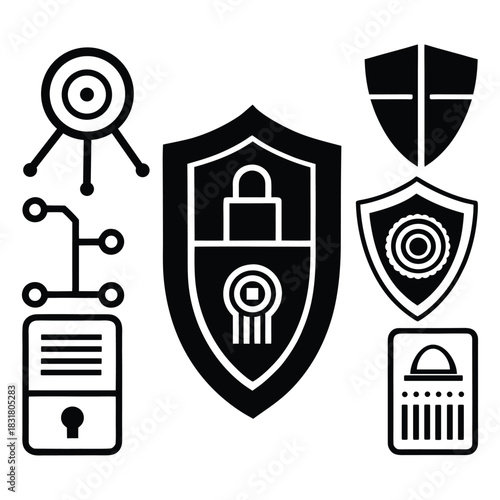 Cybersecurity protection icons for firewall shield and vpn