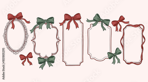 Collection of ornate vintage label frames decorated with festive red and green bows, perfect for holiday greeting cards, gift tags, or elegant scrapbooking elements on a light background