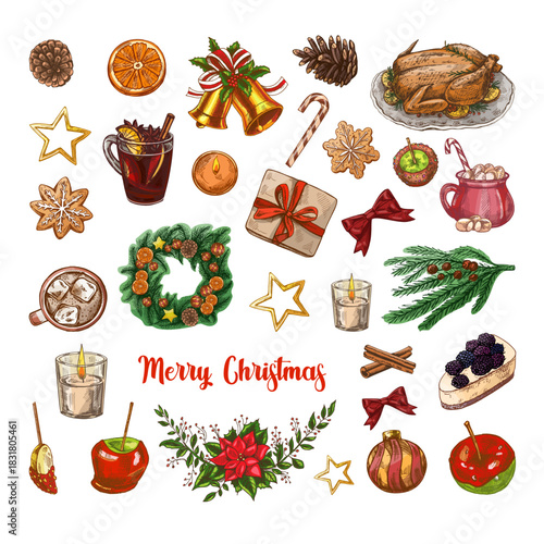 Hand drawn vintage sketch of Christmas elements with food, candles, gifts, wreath and merry christmas text, color illustration