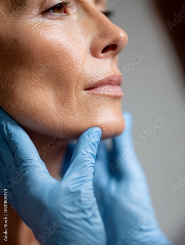 Dermatologist assessing patients facial elasticity with gloved hands in soft lighting environment
