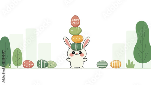 Adorable kawaii bunny character skillfully balancing a precarious stack of colorful wobbling objects