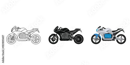 Three electric motorcycle icons showing outline, silhouette, and colored versions with visible battery