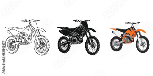 Three motocross dirt bike illustrations showing outline, silhouette, and full color versions