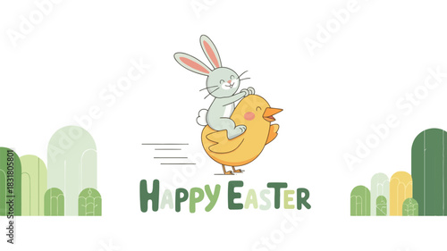 A cheerful cartoon bunny joyfully riding on the back of a larger animal perfect for children s designs