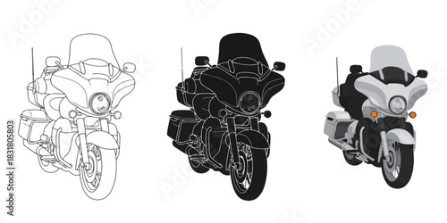 Three Touring police motorcycle in line art, silhouette, and full color