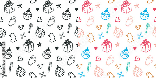 Winter holiday seamless pattern. Outline isolated Christmas element, free hand drawn doodle cartoon style. Black or Colourful marker texture brush stroke, white background. Cute vector illustration