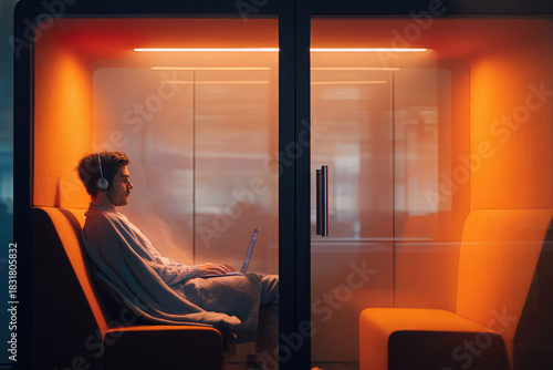 Privacy booth office interior with modern design showing young man wearing headphones working on laptop in quiet comfortable workspace with warm lighting and relaxed atmosphere
