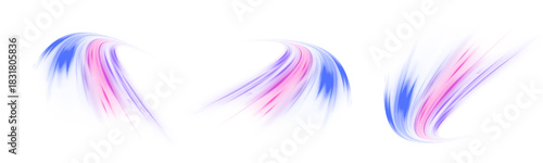 PNG turquoise and purple light streaks curve and twist with motion. Vector glowing lines flow across space, forming dynamic trails. Twisting luminous arcs highlight speed and motion energy.
