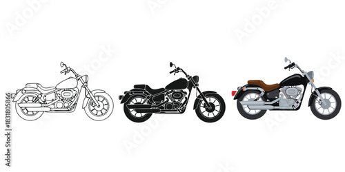 Three motorcycle illustrations showing outline, silhouette, and full color versions