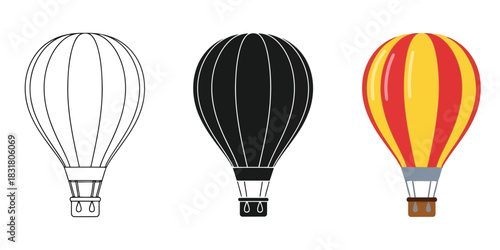 Three hot air balloon icons showing outline, silhouette, and full color illustration