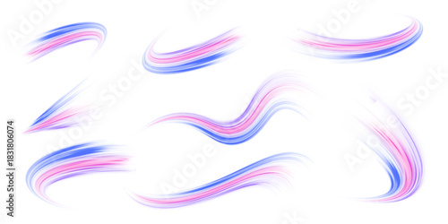 PNG turquoise and purple light streaks curve and twist with motion. Vector glowing lines flow across space, forming dynamic trails. Twisting luminous arcs highlight speed and motion energy.