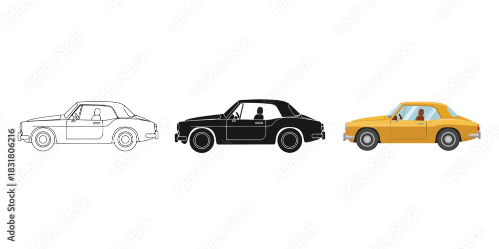 Fototapeta premium Three classic coupe car illustrations showing outline, solid black silhouette, and full color yellow version