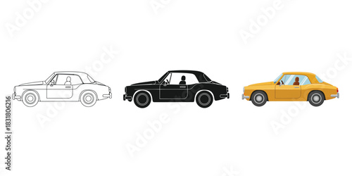 Three classic coupe car illustrations showing outline, solid black silhouette, and full color yellow version